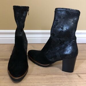 Women’s Dorking by Flushos Black Suede Snakeskin Pattern Heeled Boots size 37